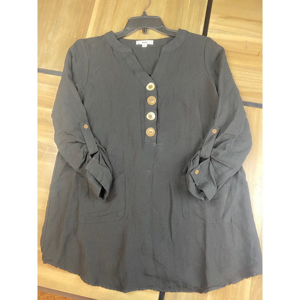 MINE Black Button Front Roll Tab Sleeve Tunic Top Shirt Women Size S